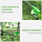 Green cordless trimmer: motor and cutting-head artwork.