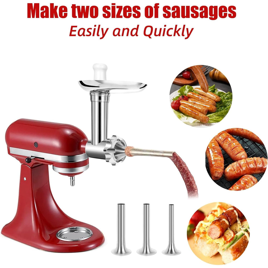 Meat grinder attachment for KitchenAid: sausage tubes and stuffing examples.