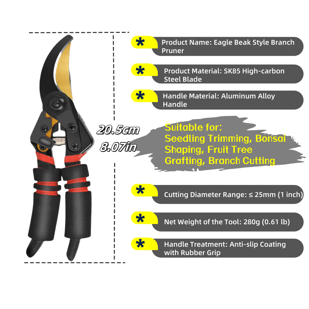 Garden pruning shears: pruning shear dimensions and material artwork.