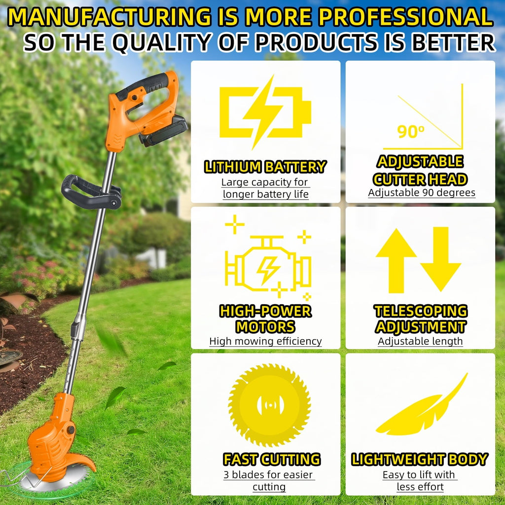 Orange cordless brush cutter: adjustable head and telescopic-shaft features.