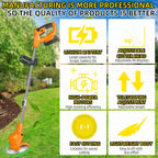 Orange cordless brush cutter: adjustable head and telescopic-shaft features.