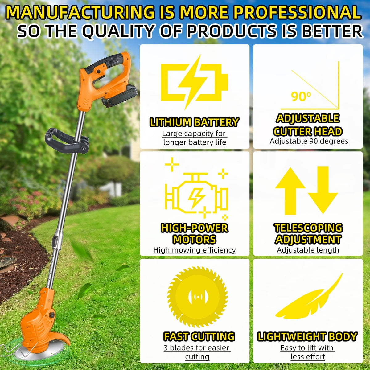 Orange cordless brush cutter: adjustable head and telescopic-shaft features.