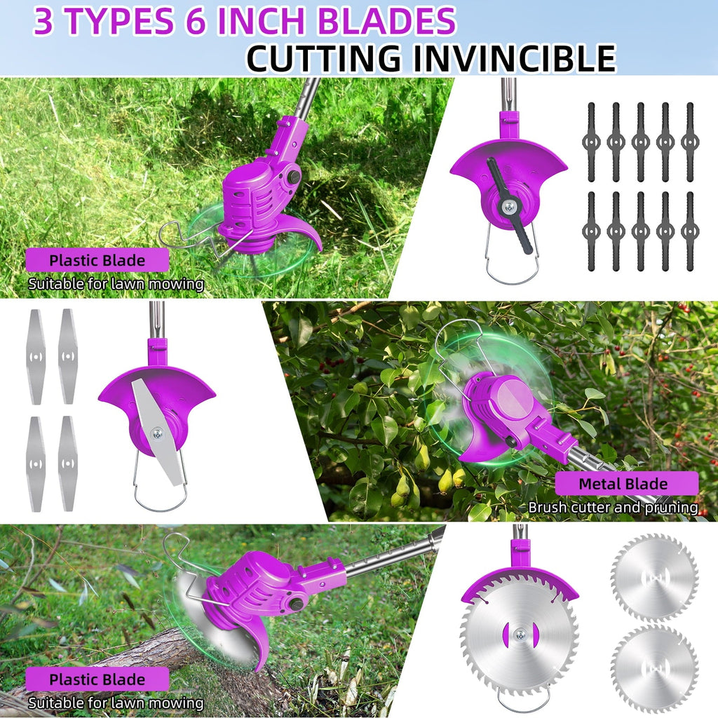 Purple cordless grass trimmer: three cutting attachment types.