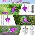 Purple cordless grass trimmer: three cutting attachment types.