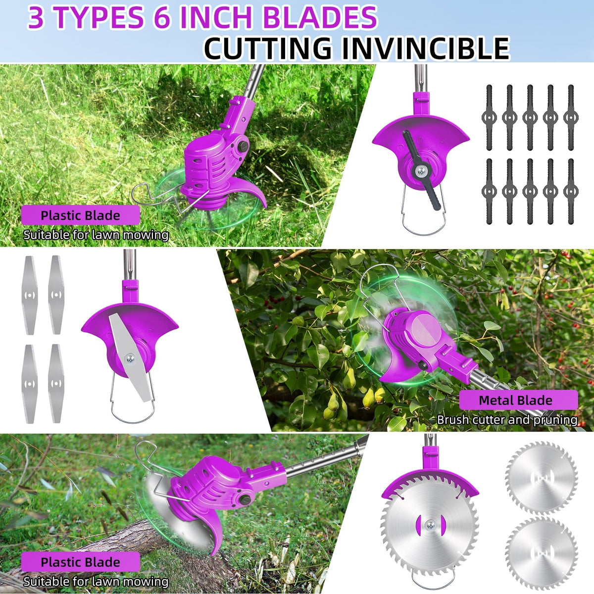 Purple cordless grass trimmer: three cutting attachment types.