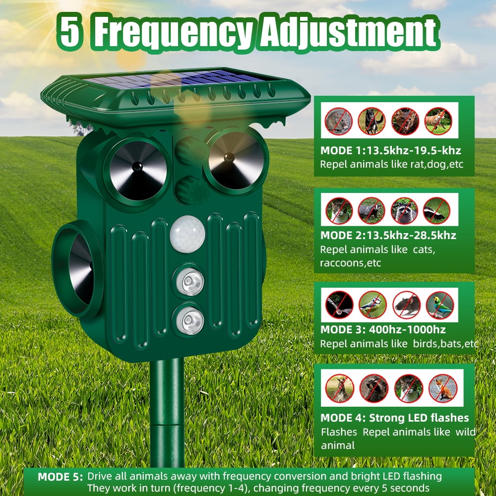 Multi direction solar animal repeller: five operating modes.