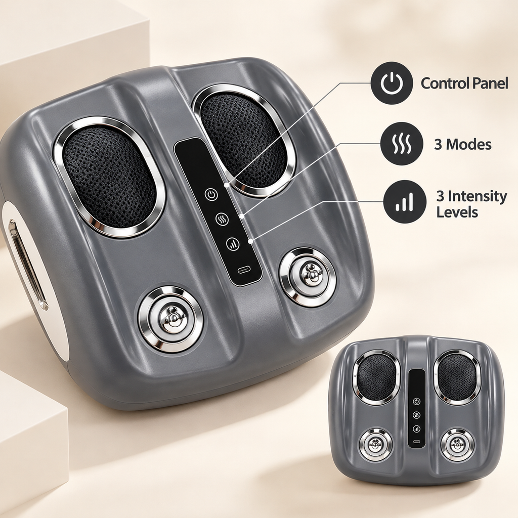 Electric foot massager with heat: control panel with modes and intensities.