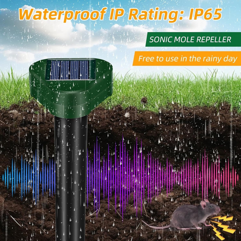 Solar mole repeller 4 pack: ground sound-pulse and rain artwork.