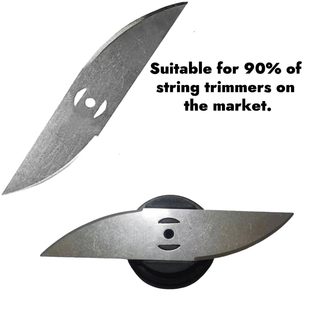Curved metal trimmer blades: curved blade top and side views.
