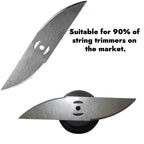 Curved metal trimmer blades: curved blade top and side views.