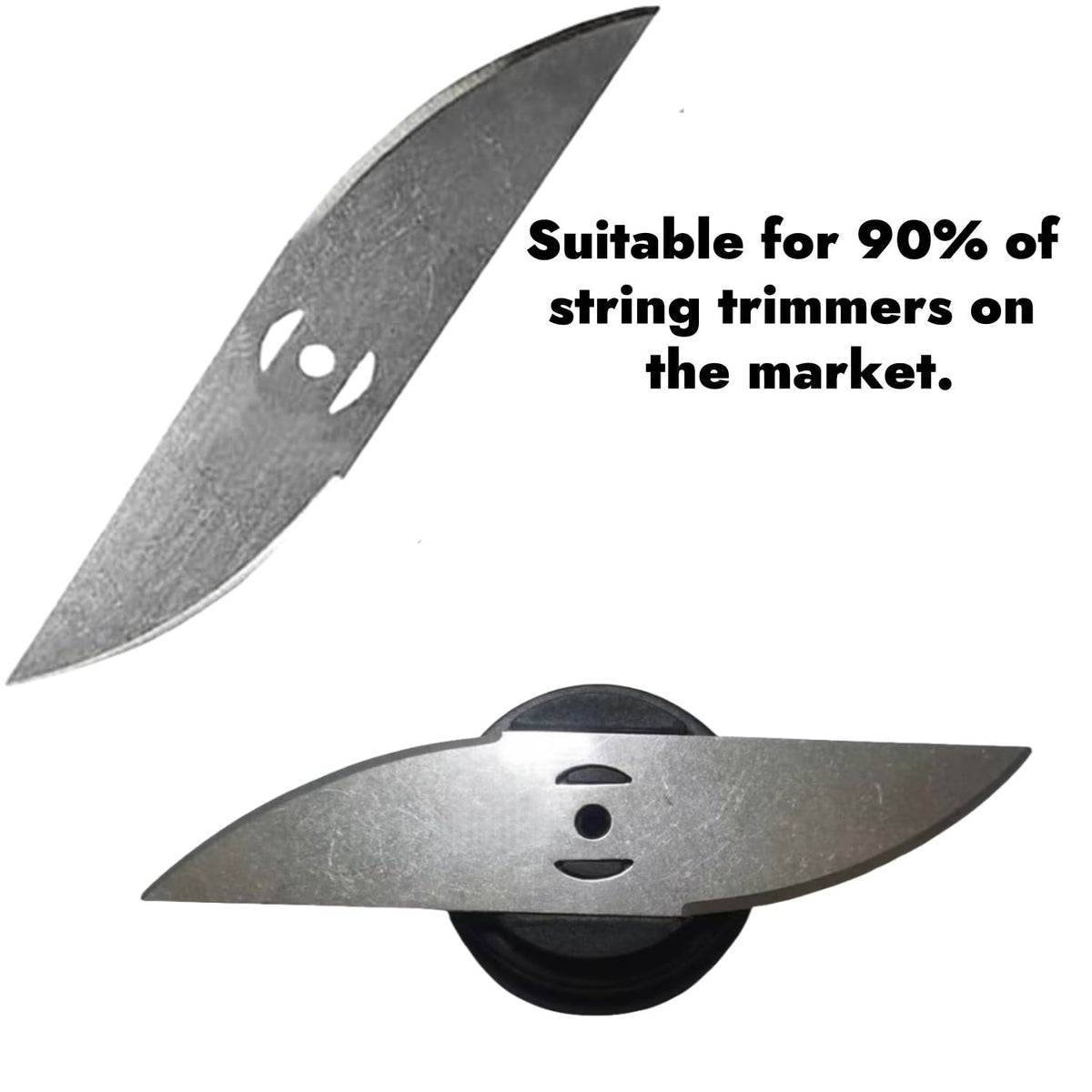 Curved metal trimmer blades: curved blade top and side views.