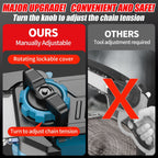 Blue cordless mini chainsaw: tool-free chain tension adjustment.
