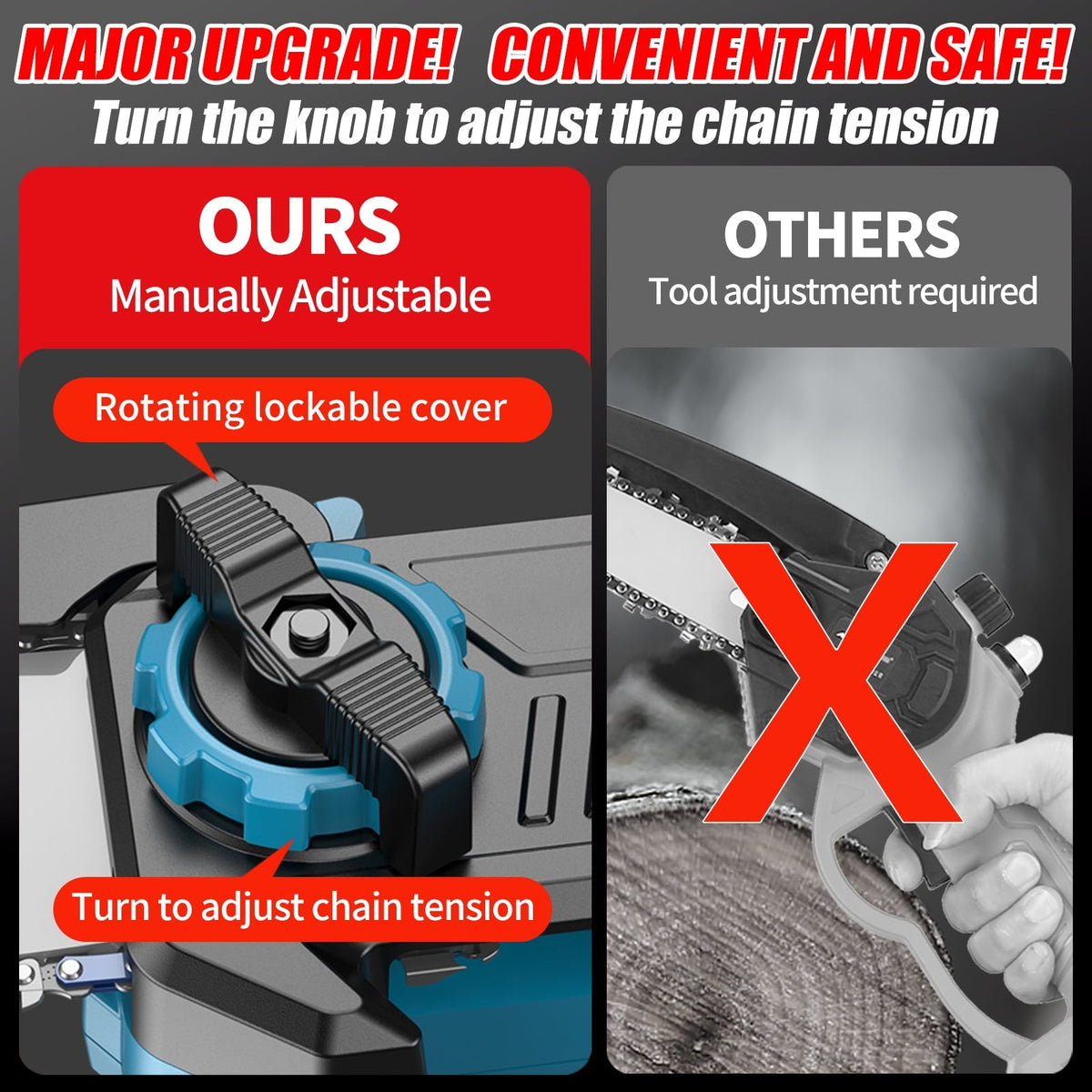 Blue cordless mini chainsaw: tool-free chain tension adjustment.