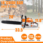 58cc gas chainsaw: chainsaw dimensions artwork.