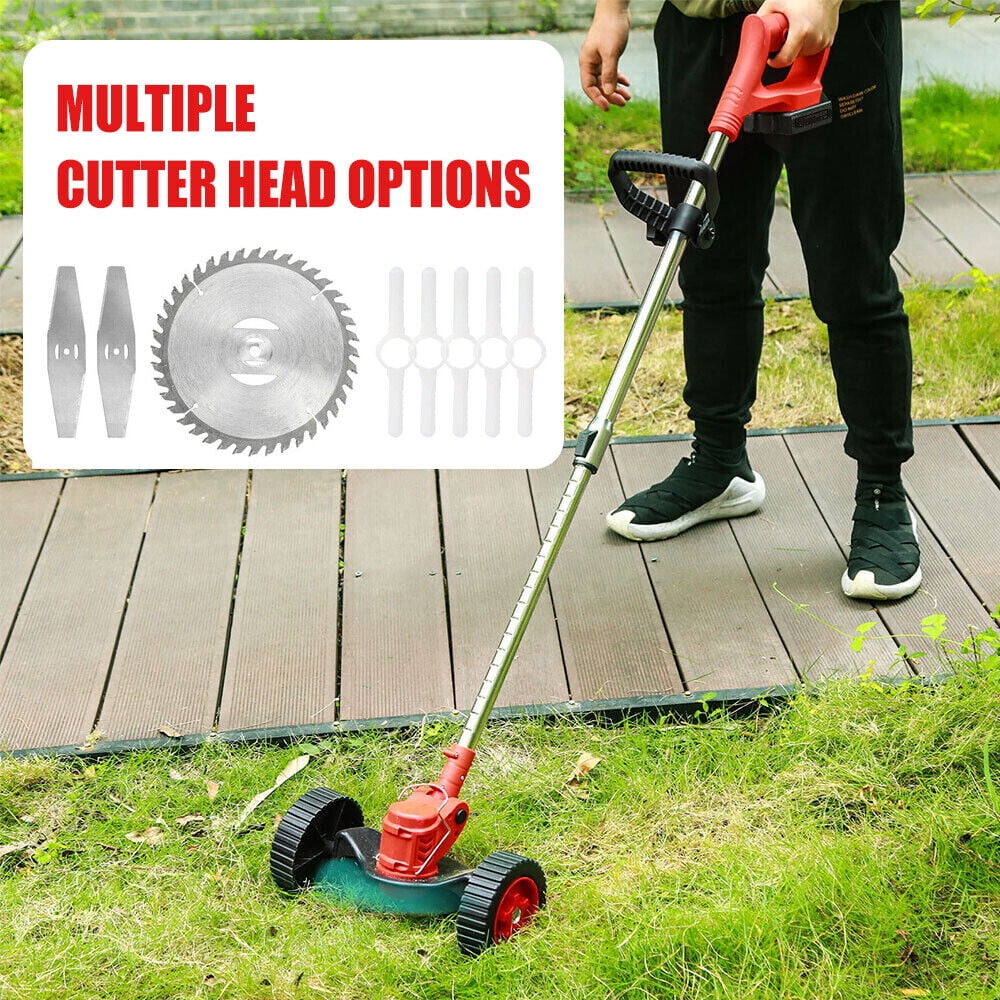 Adjustable cordless grass trimmer: cutting attachment options.
