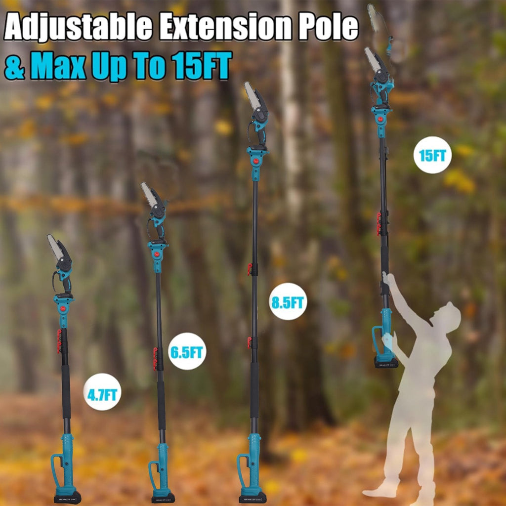 Cordless pole saw: telescopic pole and reach illustration.