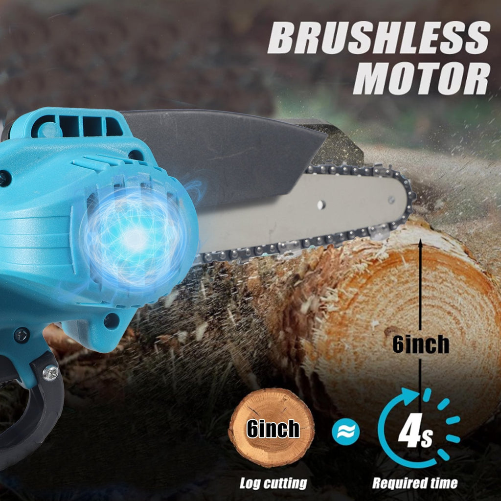 Cordless pole saw: brushless motor and cutting illustration.