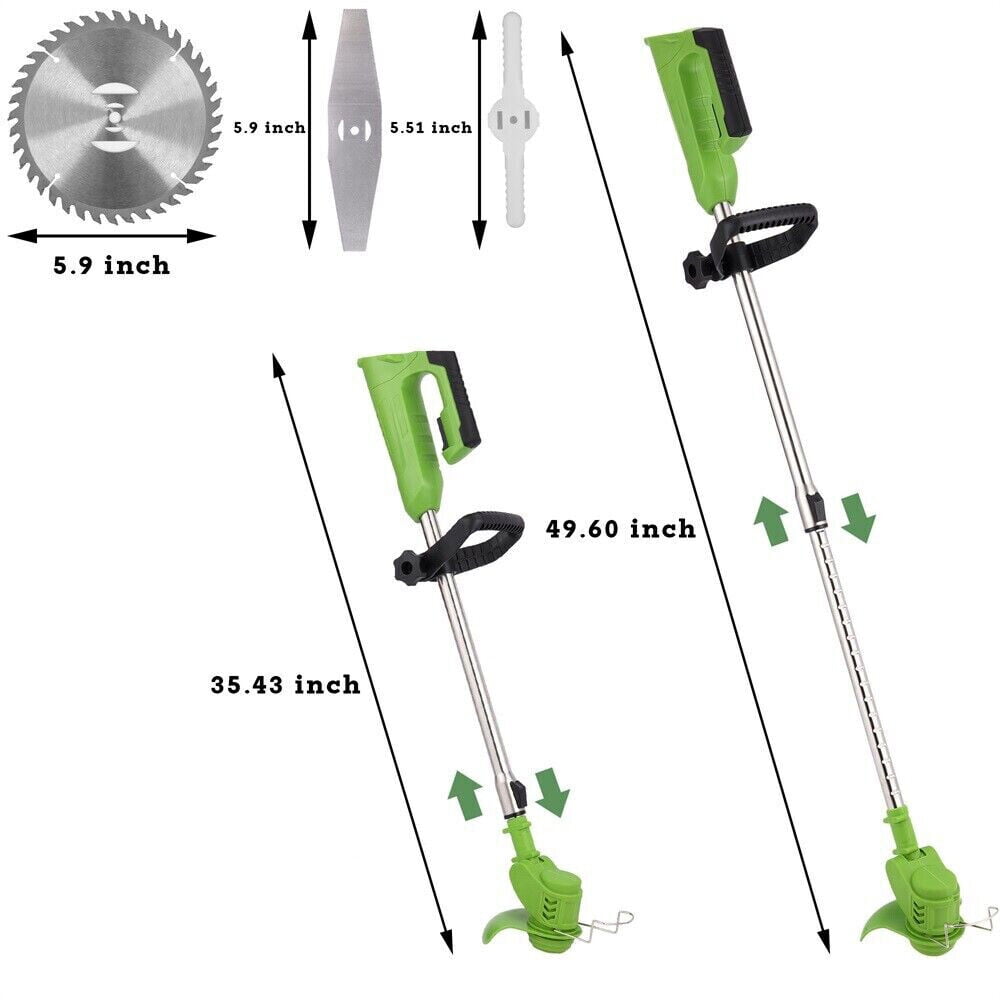 Green cordless trimmer: blade and telescopic shaft dimensions.