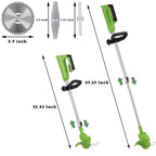 Green cordless trimmer: blade and telescopic shaft dimensions.