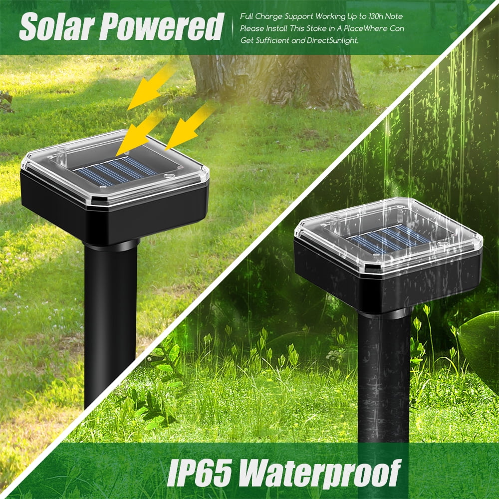 Solar vole deterrent stakes: solar charging and rain illustration.