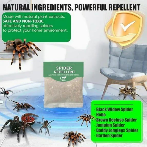 Spider repellent pouches: ingredient and spider promotional artwork.