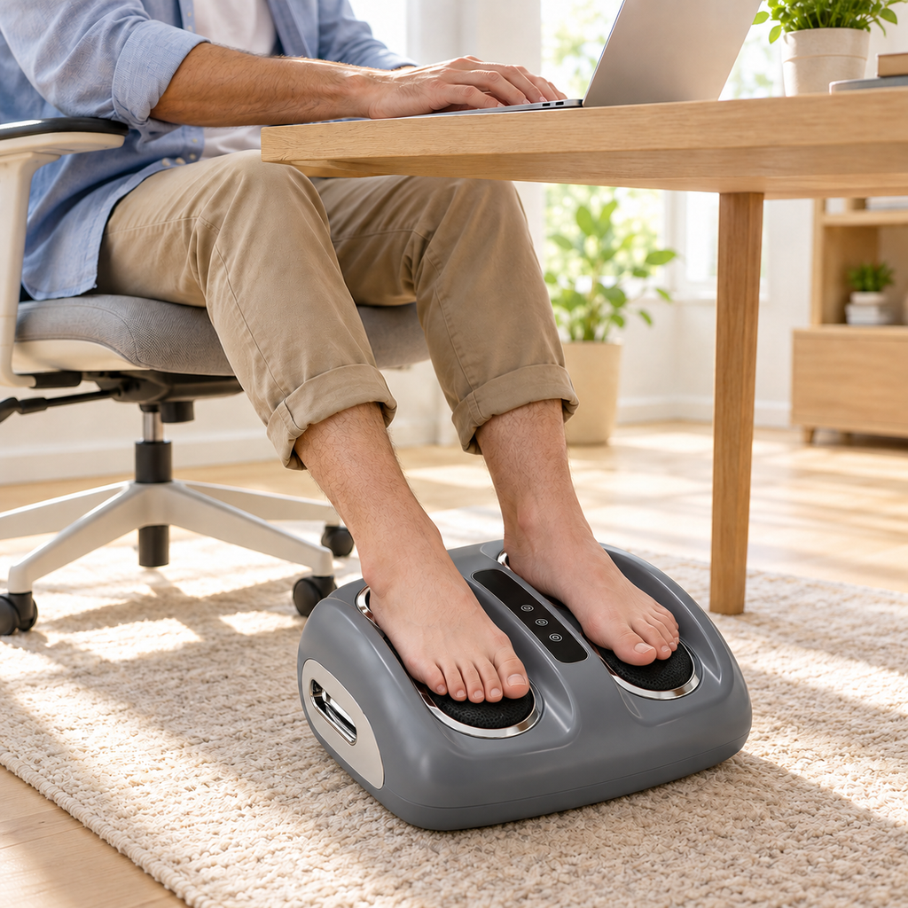 Electric foot massager with heat: massager used beneath a desk.