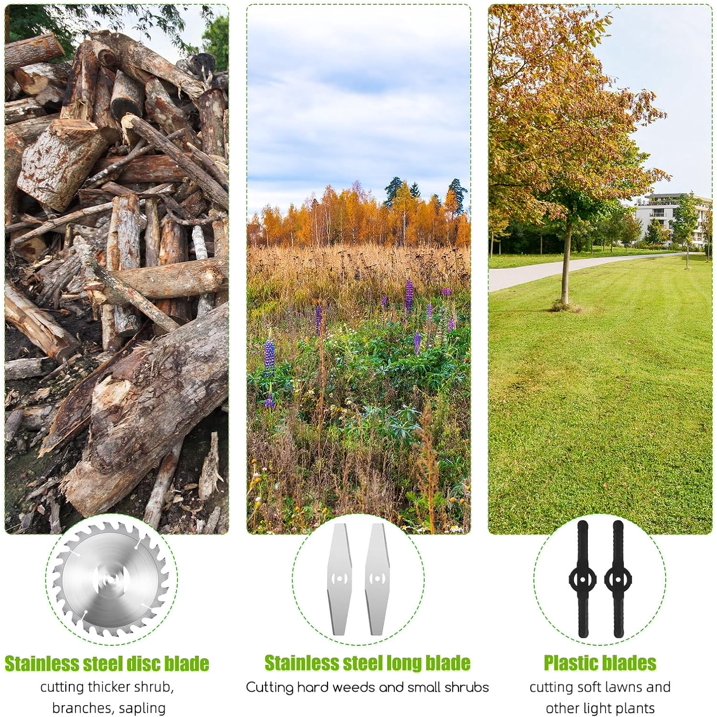 Folding grass trimmer: three cutting attachment types.