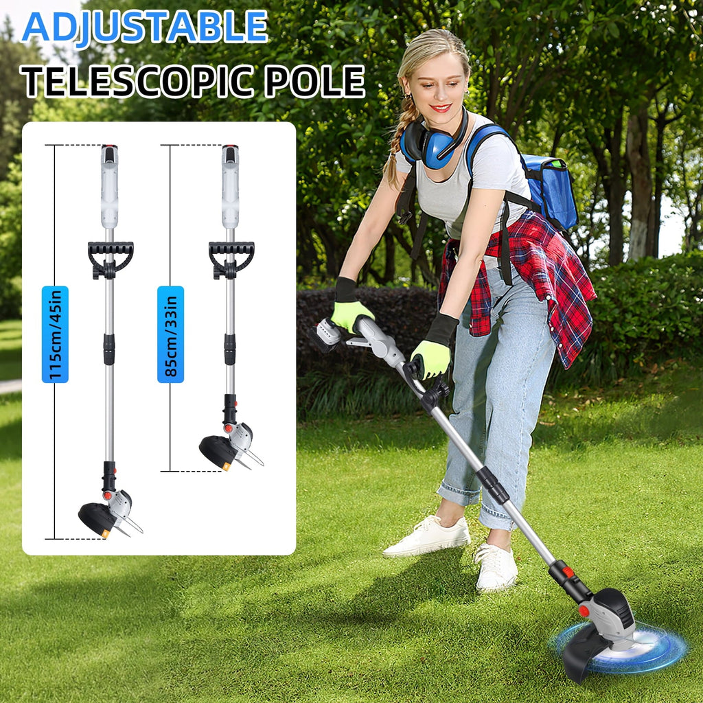 Wheeled cordless string trimmer: woman using telescopic trimmer.