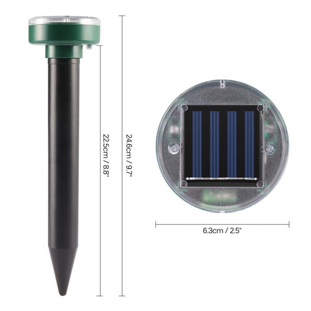Solar mole repellent stakes: stake and solar-panel dimensions.