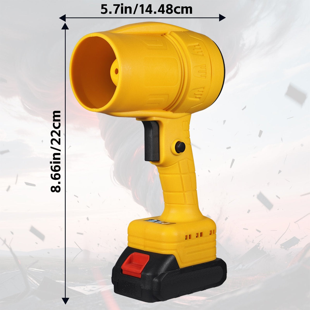 Yellow cordless leaf blower: handheld blower dimensions.