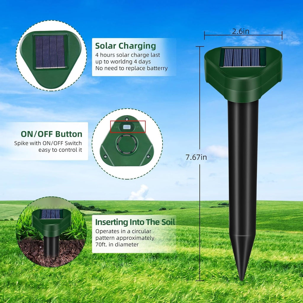 Solar mole deterrent stakes: solar panel switch and stake installation.