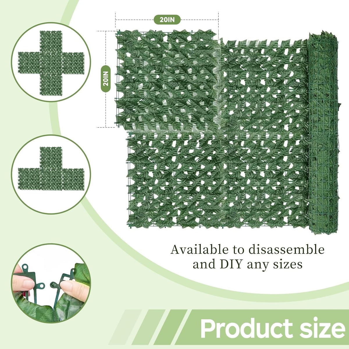 Artificial ivy privacy screen: modular leaf-panel connection details.