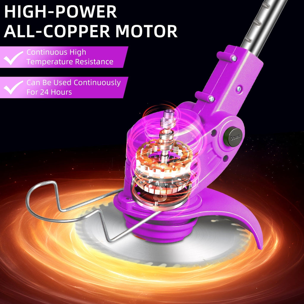 Purple cordless grass trimmer: motor and cutting-head illustration.
