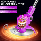 Purple cordless grass trimmer: motor and cutting-head illustration.
