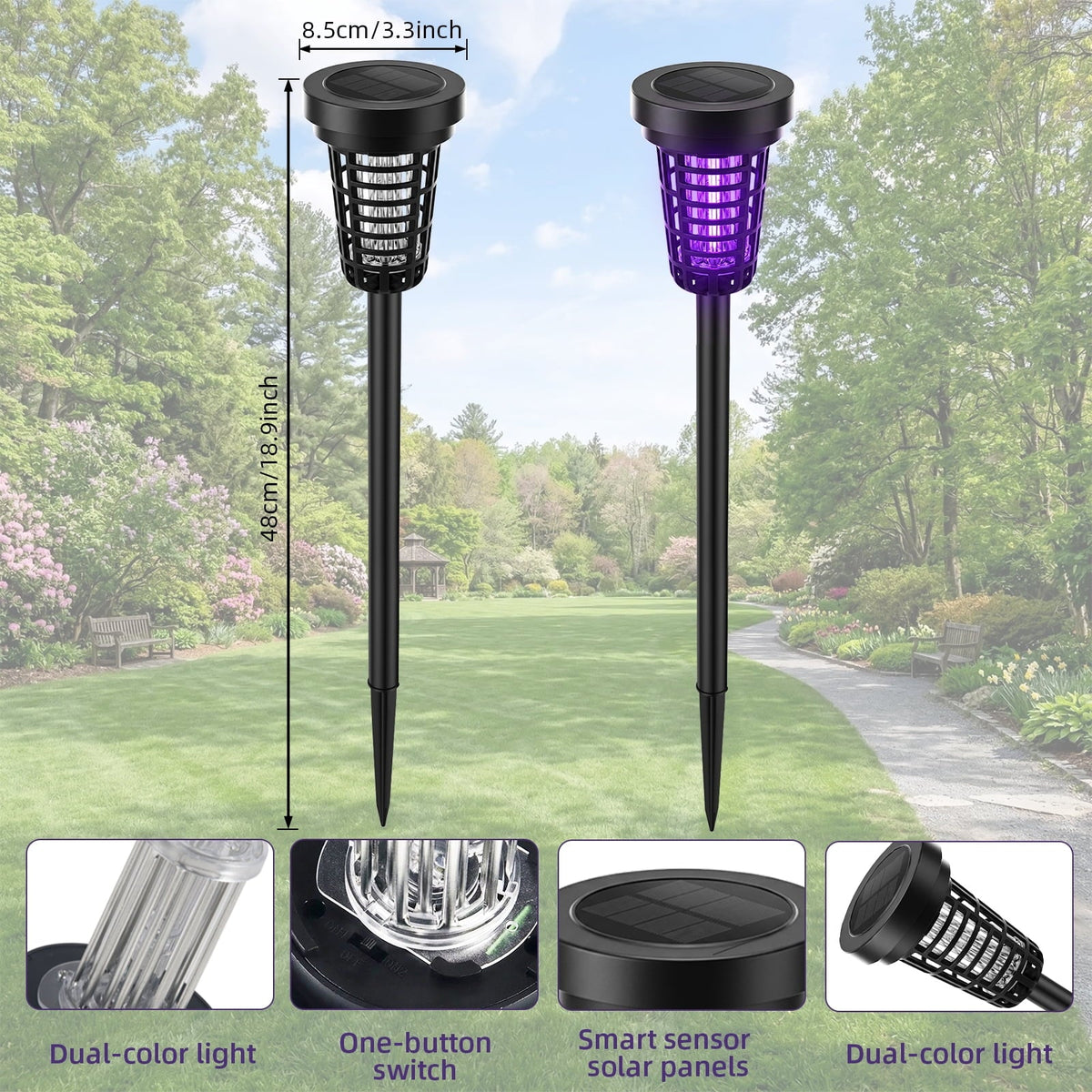 Solar bug zapper torch: torch dimensions and lighting details.