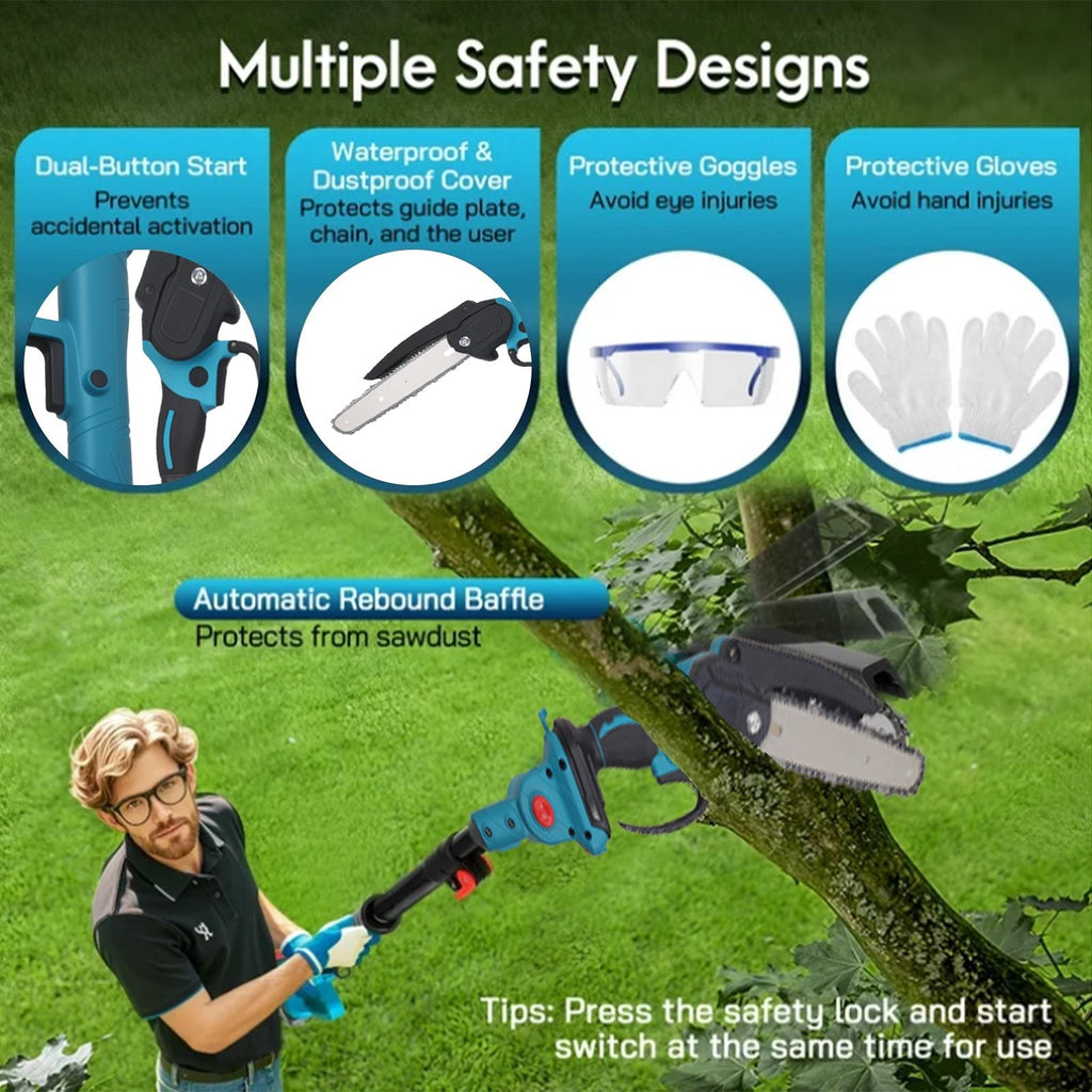Cordless pole saw: safety controls guard gloves and glasses.