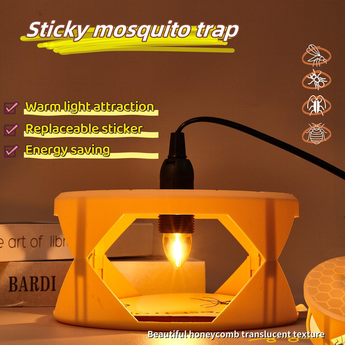 Indoor electric flea trap: lit tan trap with top cover.