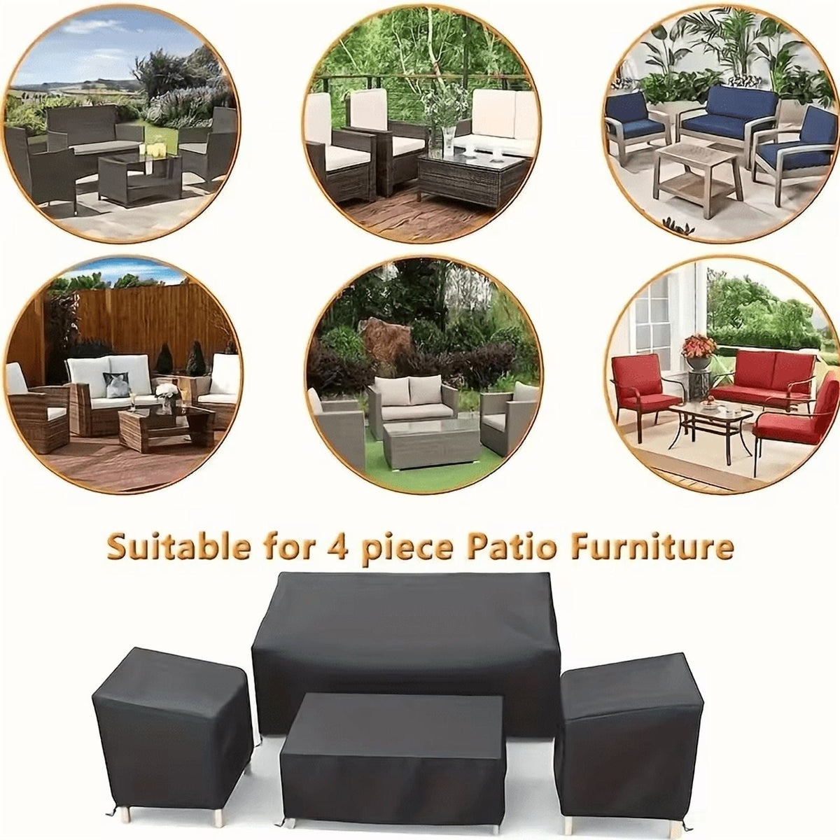 Patio furniture cover set: four-piece furniture-set fit examples.