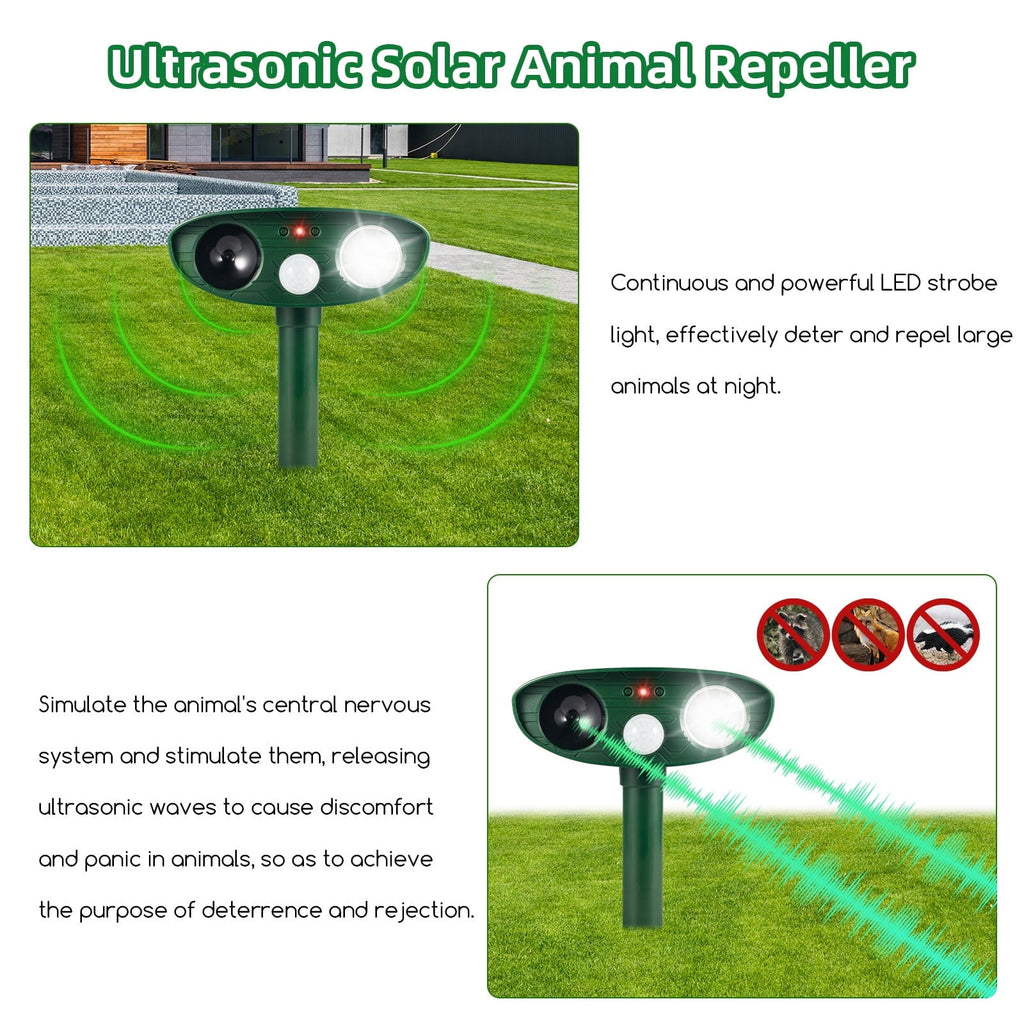Solar strobe animal repeller: ultrasonic and LED deterrence illustration.