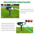 Solar strobe animal repeller: ultrasonic and LED deterrence illustration.