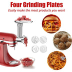 Meat grinder attachment for KitchenAid: four grinding plates and food examples.