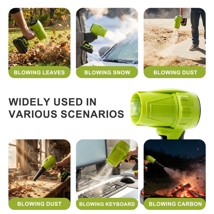 Cordless leaf blower kit: blower use examples.