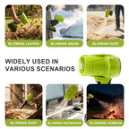 Green cordless leaf blower: blower use examples.