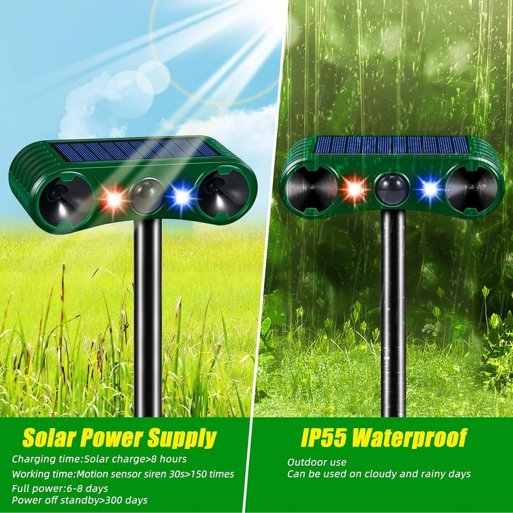 Solar animal repeller led: solar charging and rain illustration.