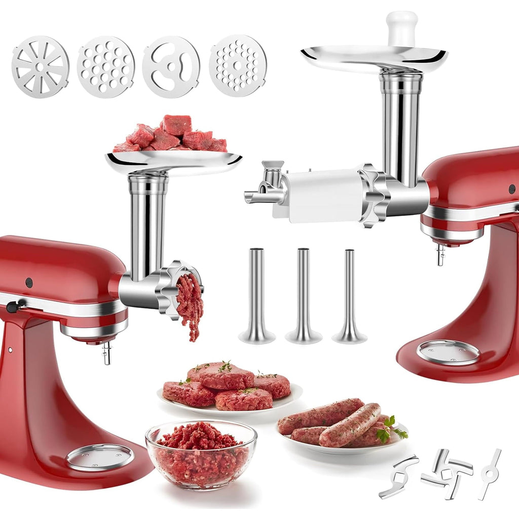 Meat grinder attachment for KitchenAid: grinder and tomato strainer setups.