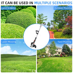 Wheeled cordless string trimmer: garden trimming examples.