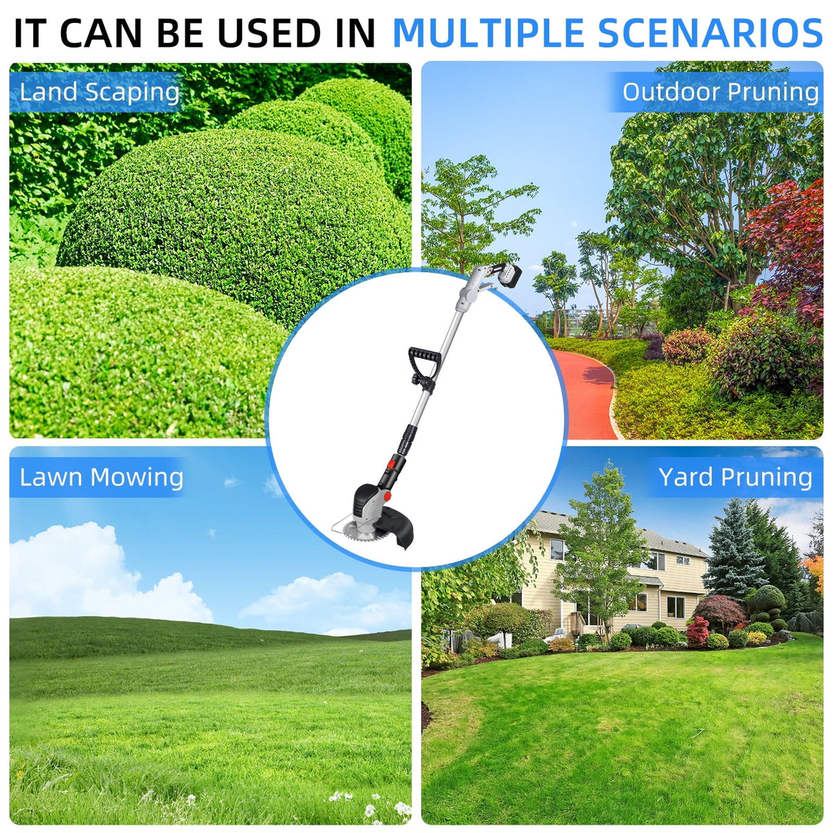 Wheeled cordless string trimmer: garden trimming examples.