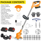 Orange cordless brush cutter: brush cutter kit contents.