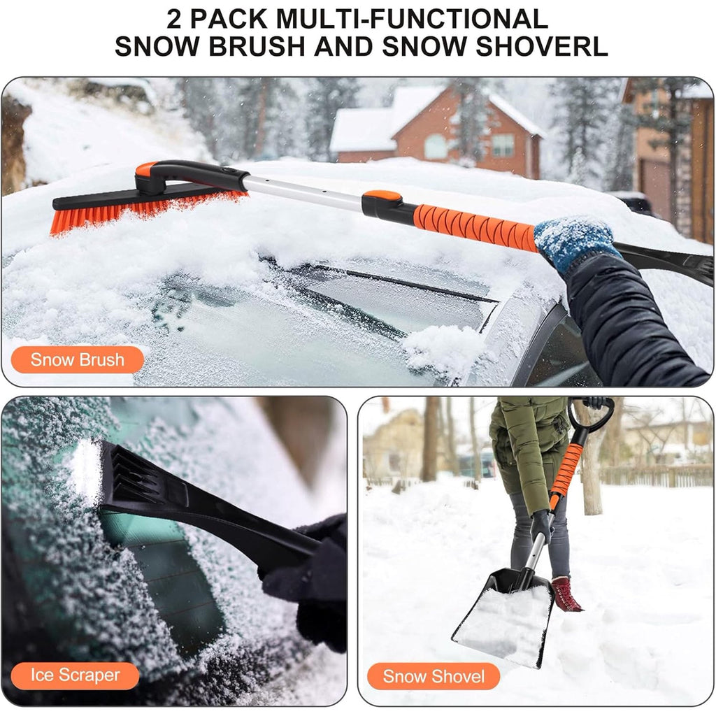 Snow brush and shovel set: brush scraper and shovel functions.