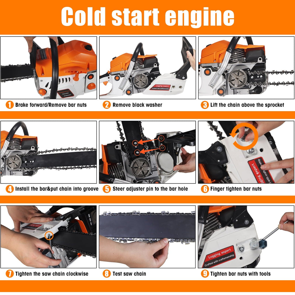 58cc gas chainsaw: cold-start instruction sequence.